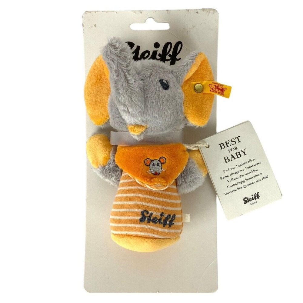 Steiff Trampili Elephant Baby Rattle Plush Toy Gray Orange 6 inch Shower Gift